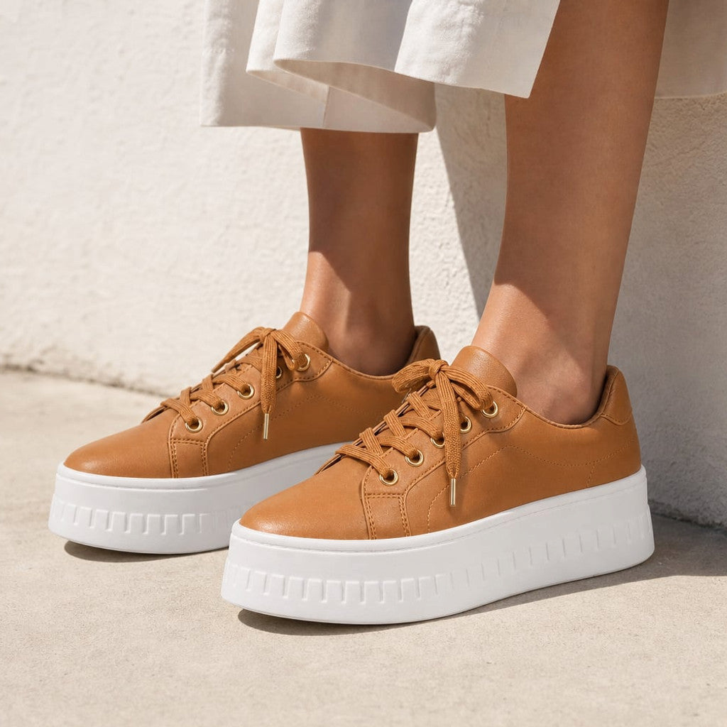 Chunky Platform Lace-Up Sneaker Stacked Sole Tan – Molieri