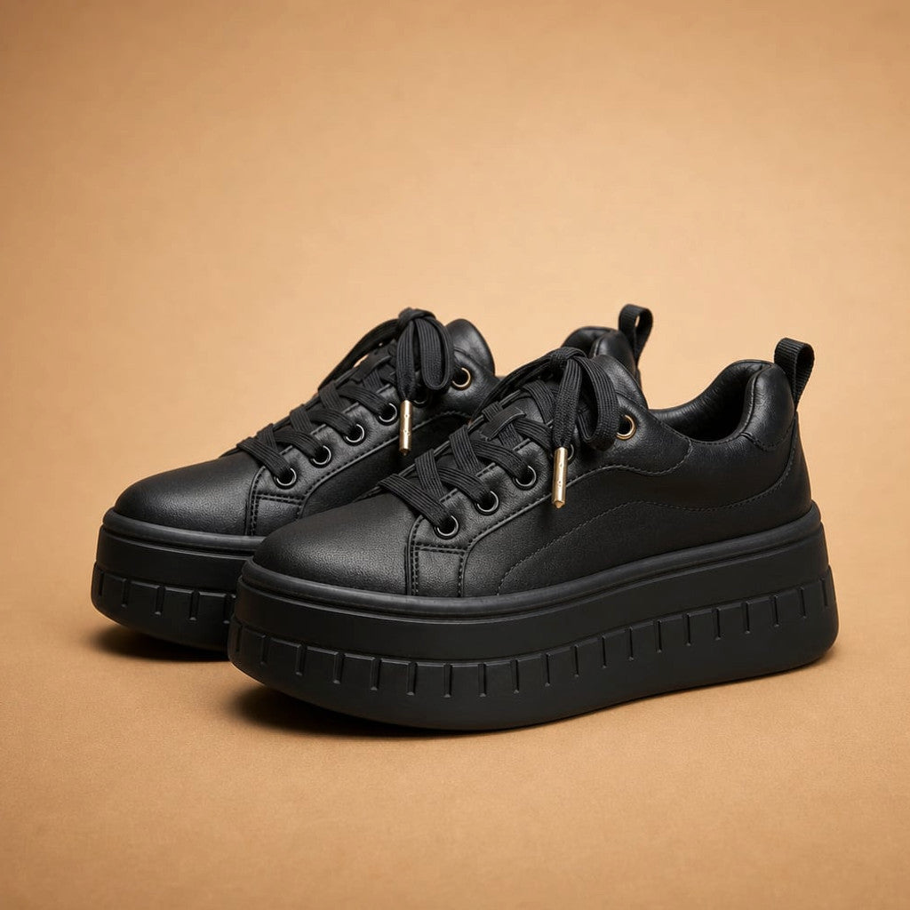 Chunky Platform Lace-Up Sneaker Stacked Sole Tan in Black – Molieri