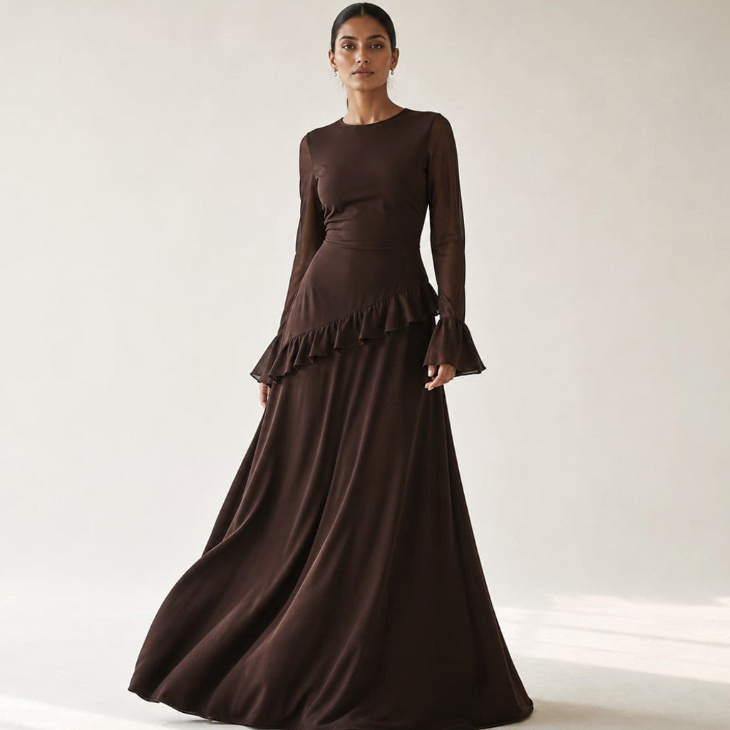 Maxi Dress Ruffle Sleeve Flared Flowy Silhouette in Espresso – Molieri