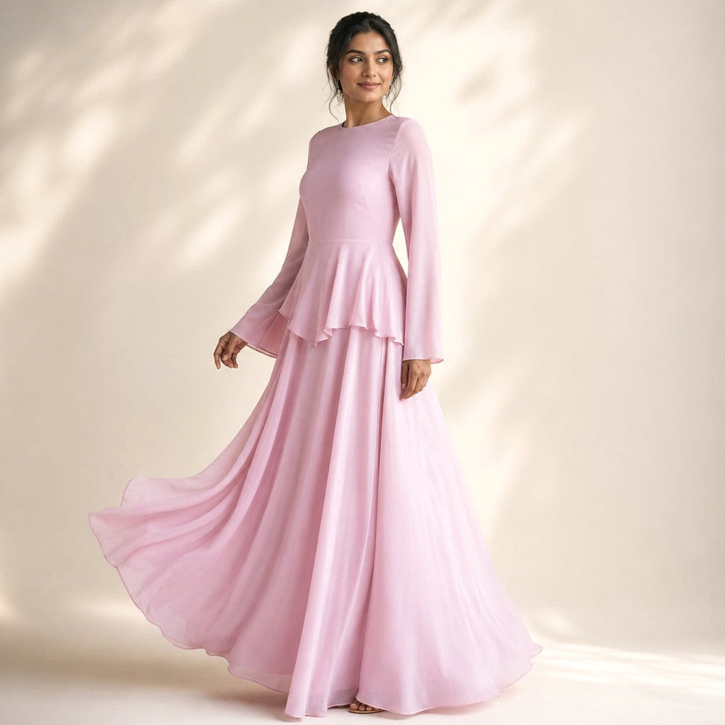 Maxi Dress Ruffle Sleeve Flared Flowy Silhouette in Pink – Molieri