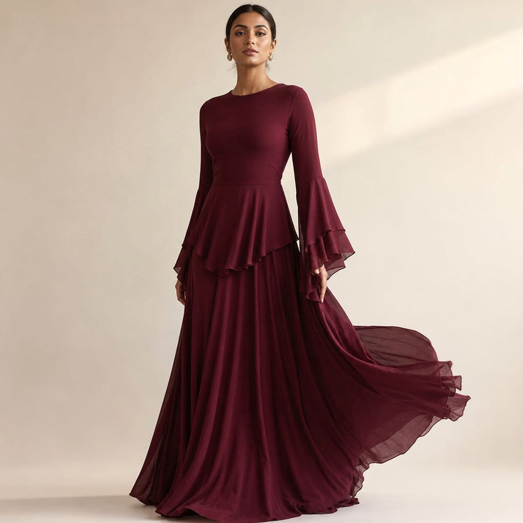 Maxi Dress Ruffle Sleeve Flared Flowy Silhouette in Bordeaux – Molieri