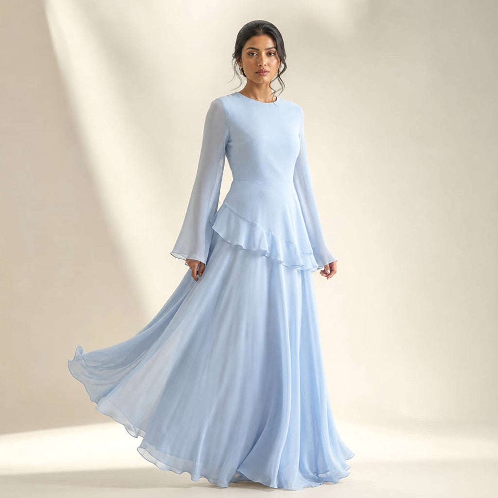 Maxi Dress Ruffle Sleeve Flared Flowy Silhouette in Light Blue – Molieri