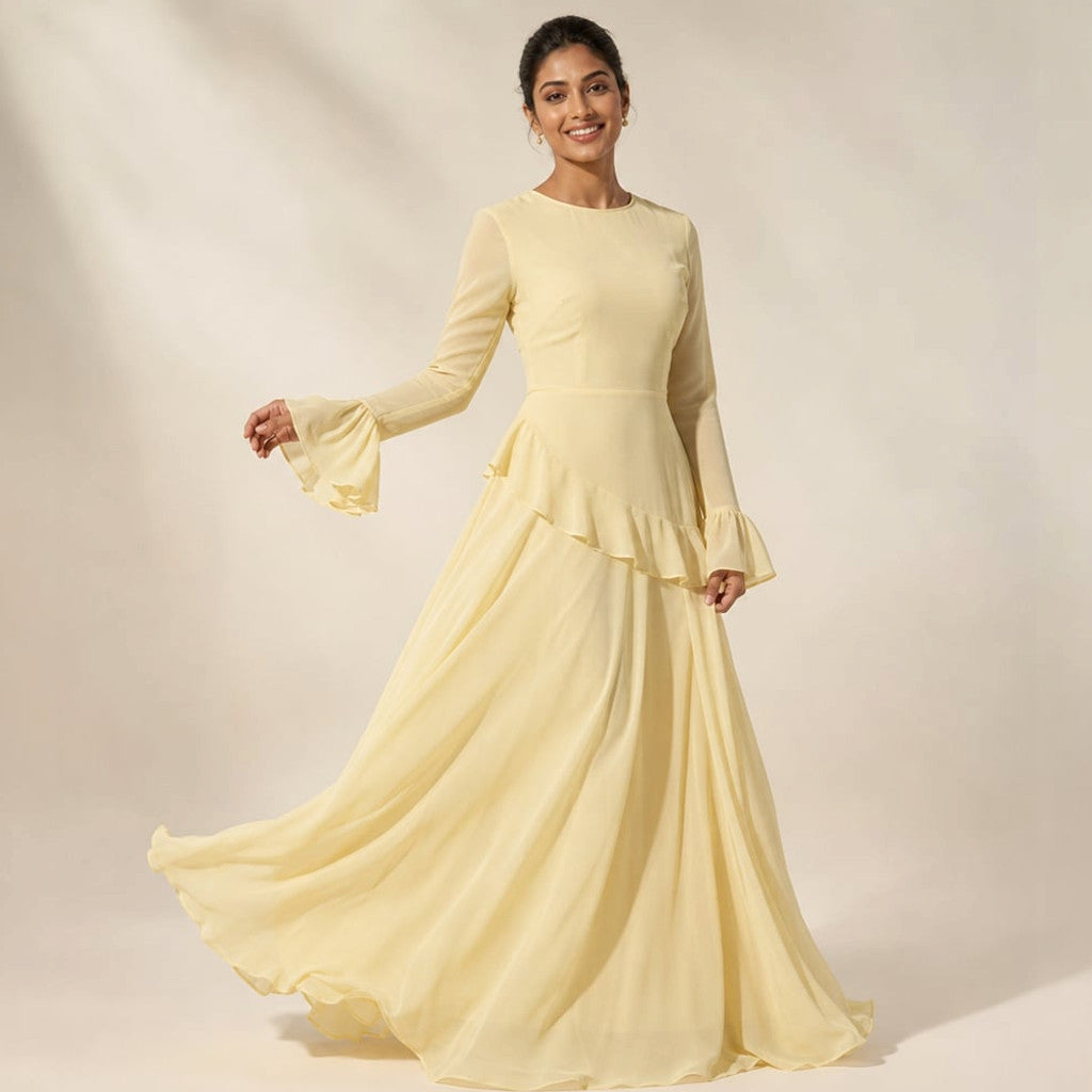 Maxi Dress Ruffle Sleeve Flared Flowy Silhouette in Light Yellow – Molieri