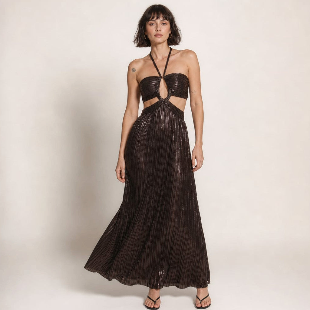 Full-length front view of the Saesan halter neck maxi dress in chocolate, showing the bare shoulders, structural bodice cut-out and floor-sweeping hem