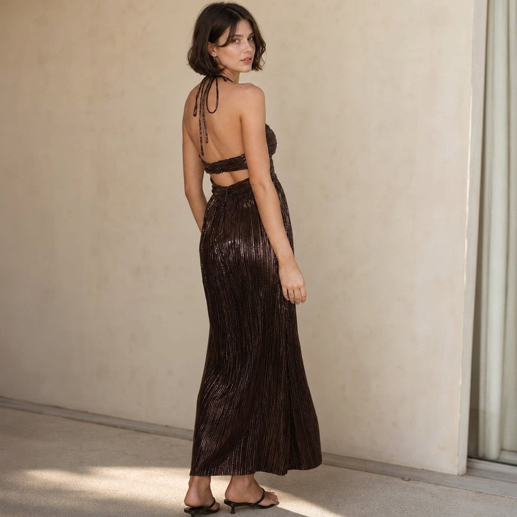Halter Neck Maxi Dress Cut-Out Chocolate – Molieri