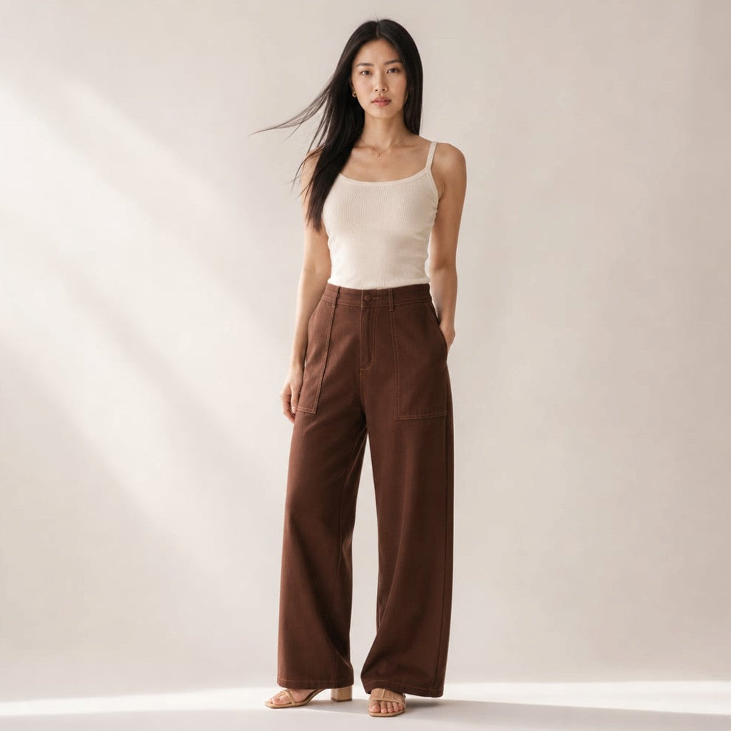 Kady wide-leg high-waist pant in chocolate denim, front view showing full-length silhouette and relaxed leg