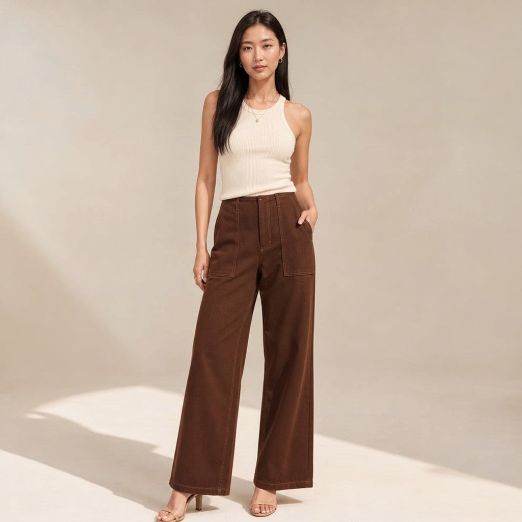 Model wearing Kady chocolate denim wide-leg trousers with high waistband, styled with a tucked top