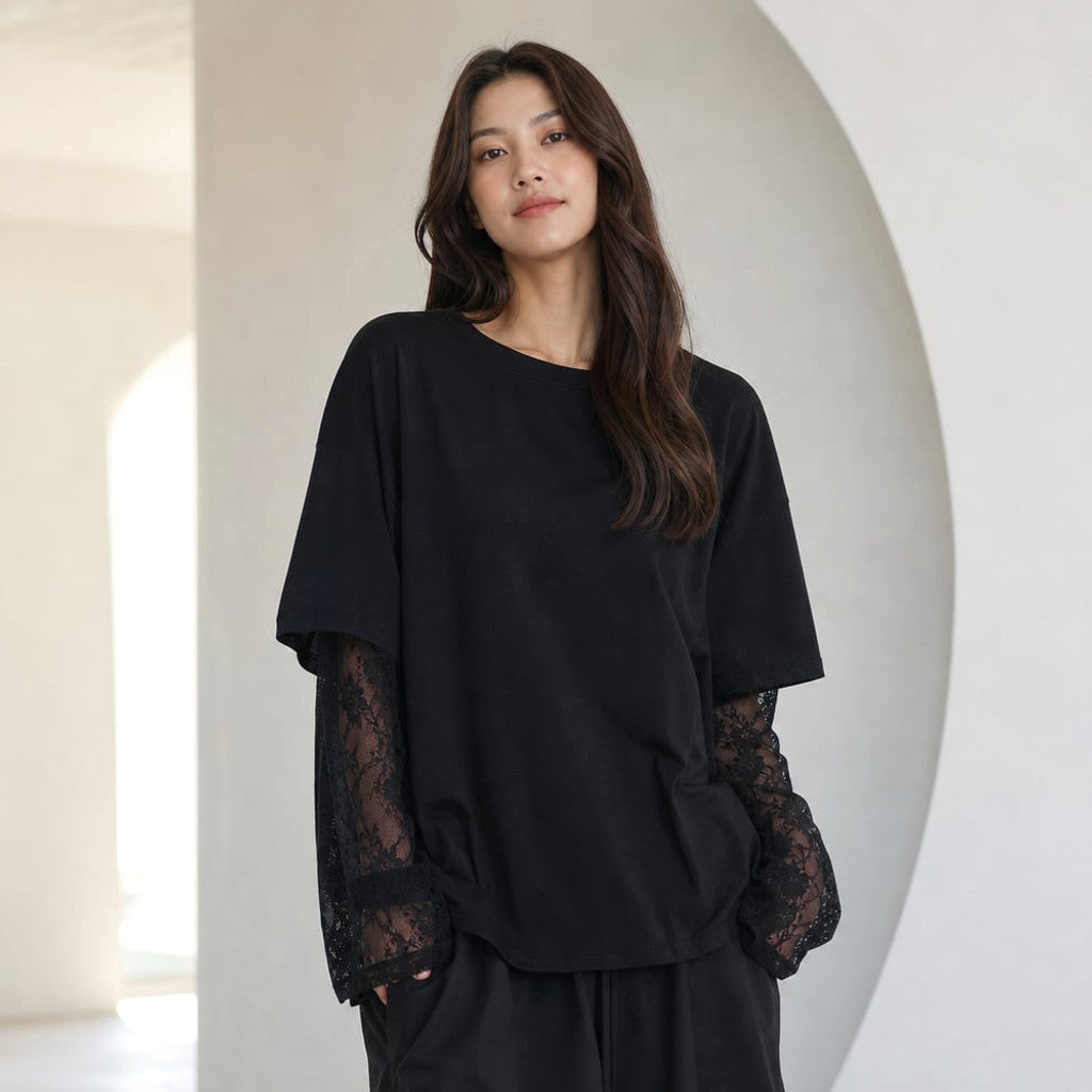 Knit Top Lace Sleeve Cotton Blend Black – Molieri