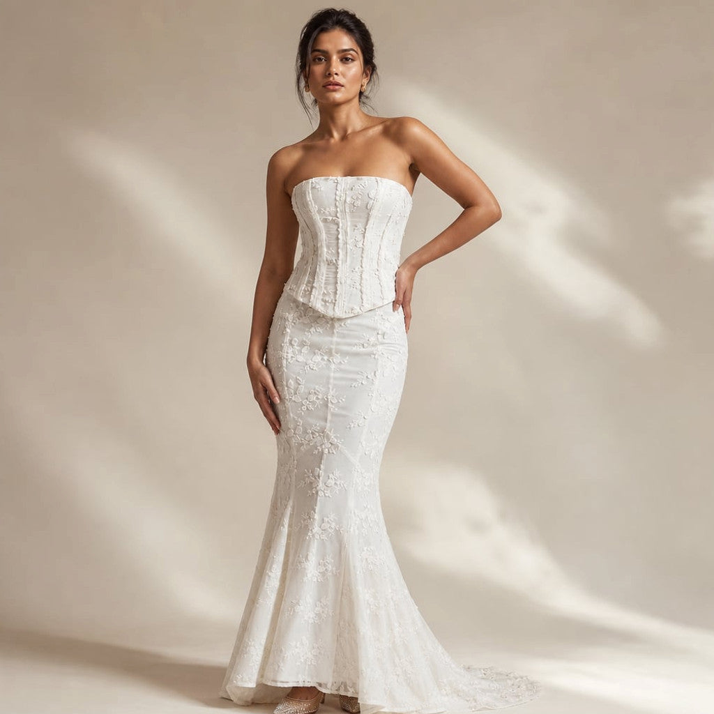 Strapless Mermaid Maxi Dress Lace Corset Gown White – Molieri