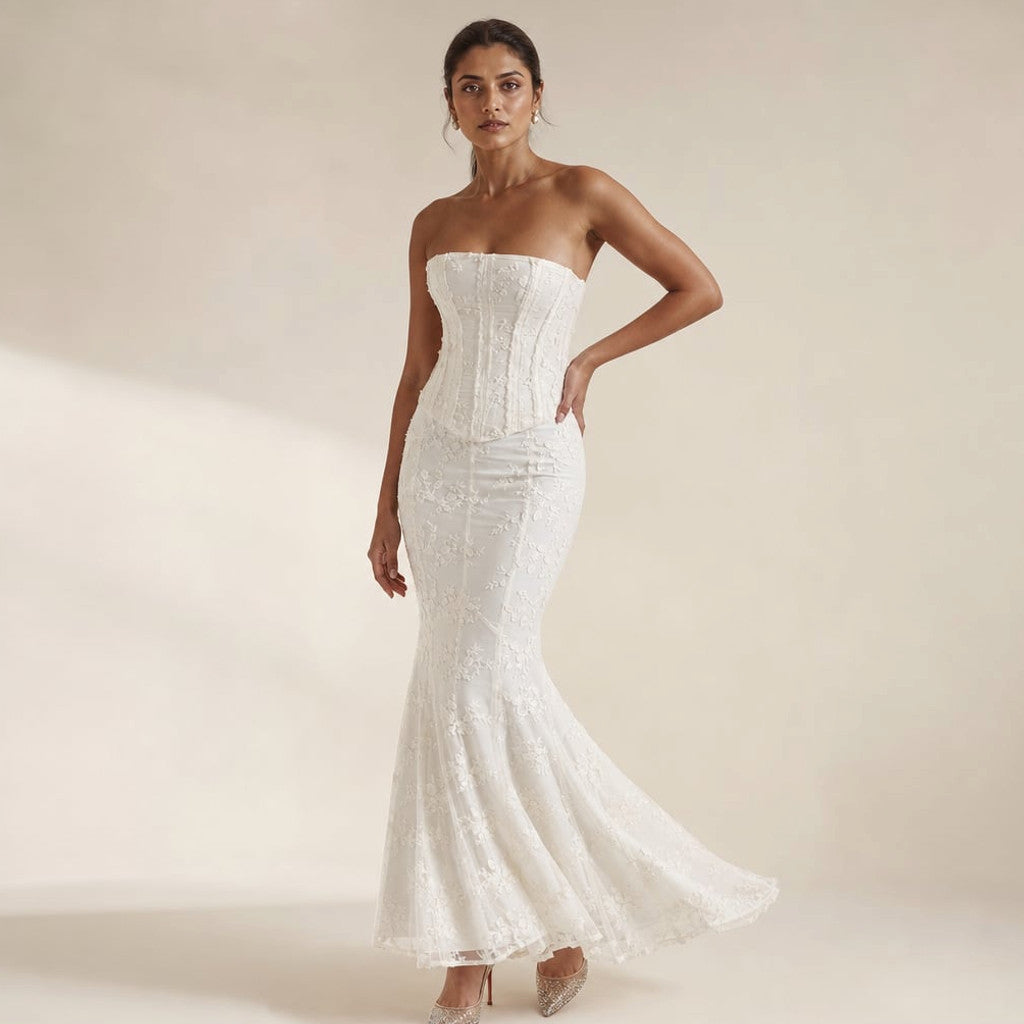 Strapless Mermaid Maxi Dress Lace Corset Gown White – Molieri