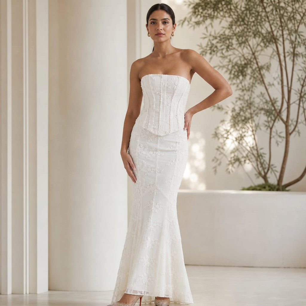 Strapless Mermaid Maxi Dress Lace Corset Gown White – Molieri