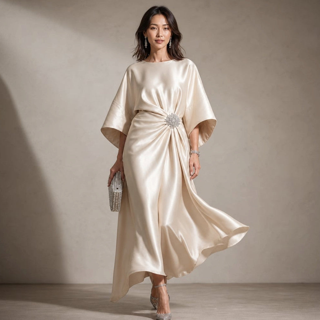 Knit Midi Dress Kimono Sleeve Crystal Brooch Satin-Finish in Cream – Molieri