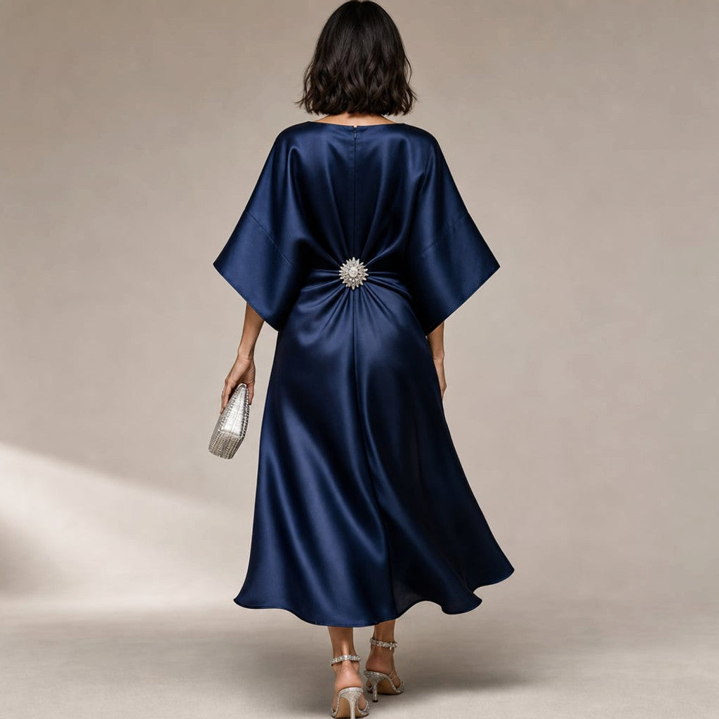 Knit Midi Dress Kimono Sleeve Crystal Brooch Satin-Finish – Molieri