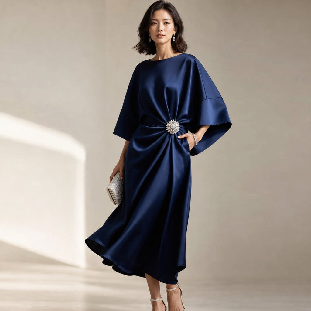 Knit Midi Dress Kimono Sleeve Crystal Brooch Satin-Finish – Molieri
