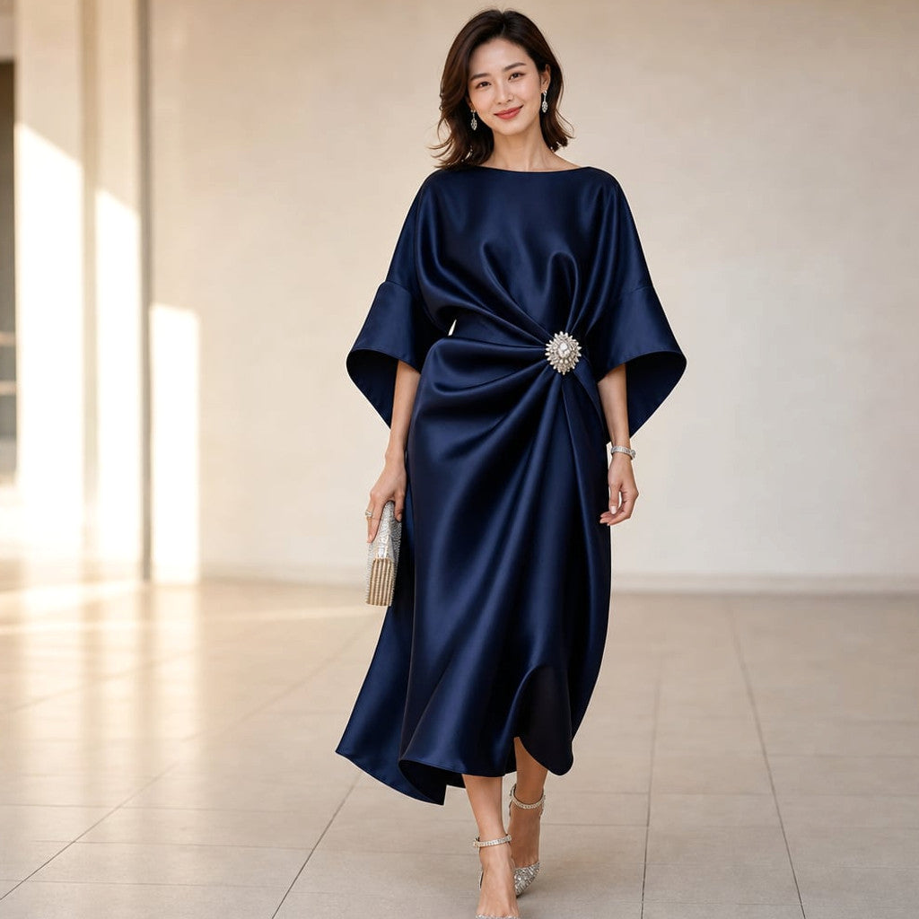 Knit Midi Dress Kimono Sleeve Crystal Brooch Satin-Finish – Molieri