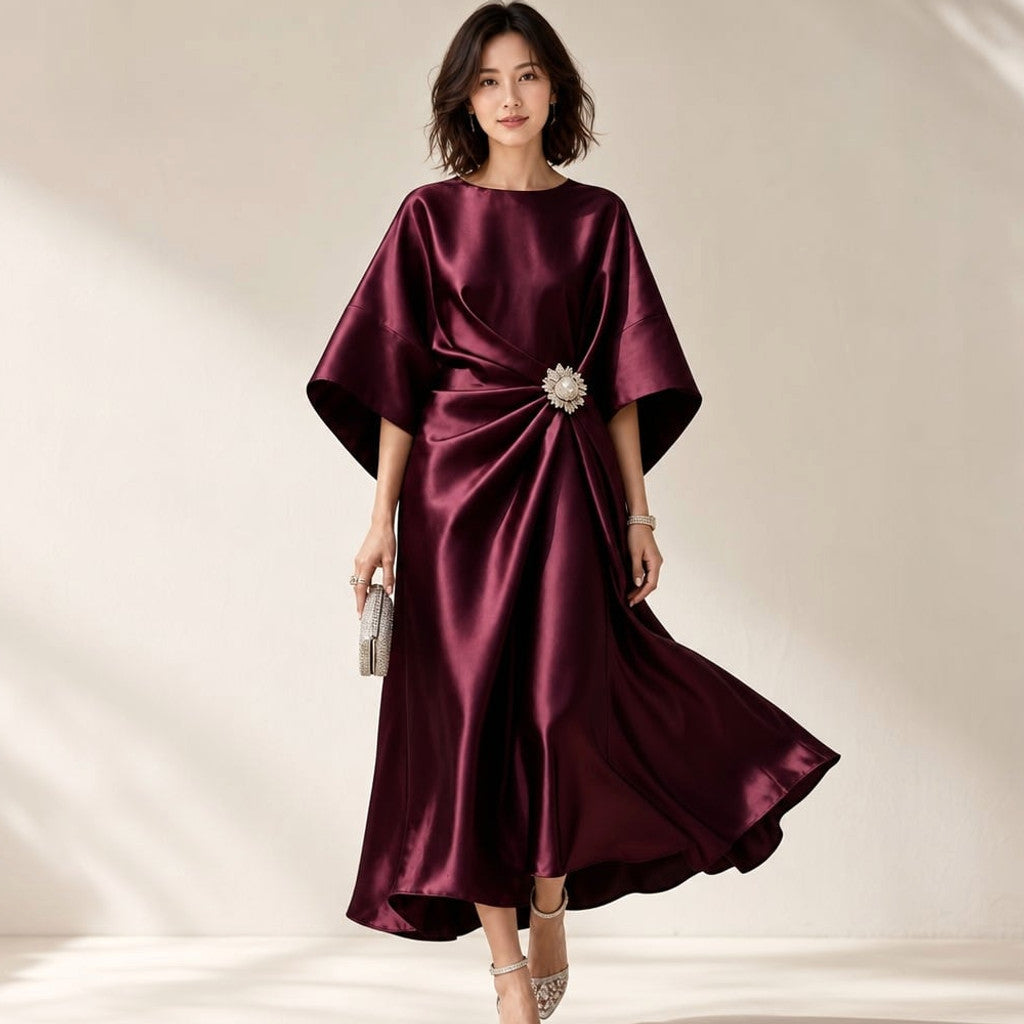 Knit Midi Dress Kimono Sleeve Crystal Brooch Satin-Finish in Burgundy – Molieri