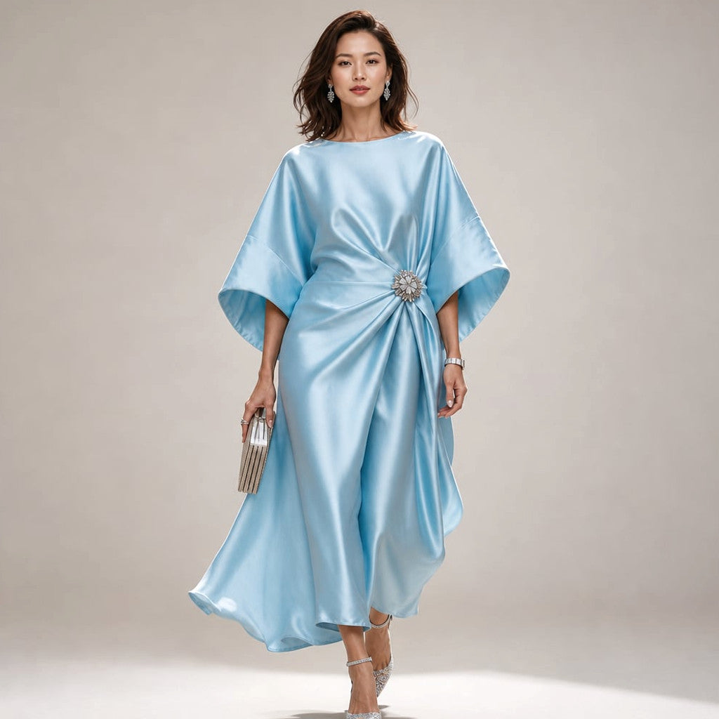 Knit Midi Dress Kimono Sleeve Crystal Brooch Satin-Finish in Light Blue – Molieri