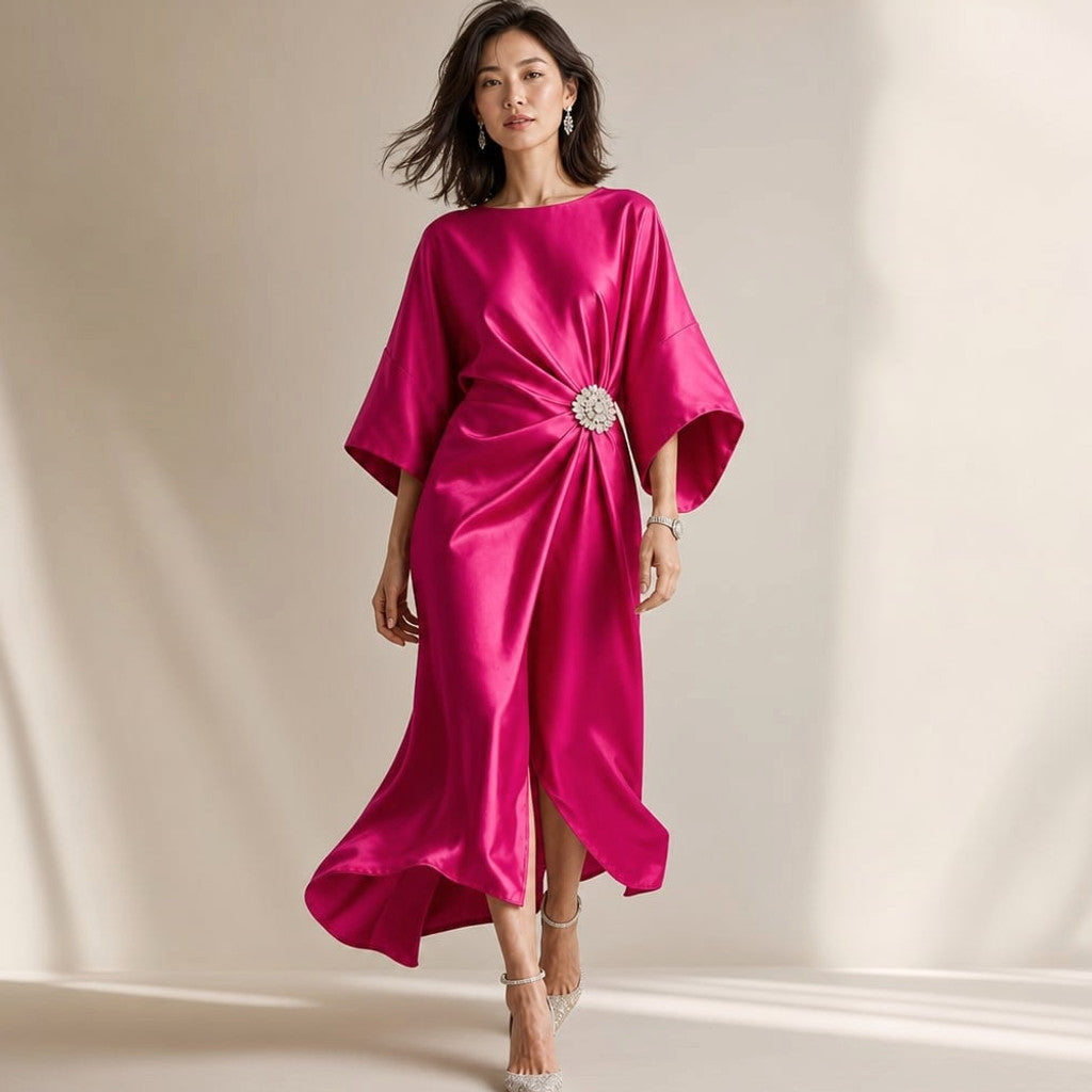 Knit Midi Dress Kimono Sleeve Crystal Brooch Satin-Finish in Hot Pink – Molieri