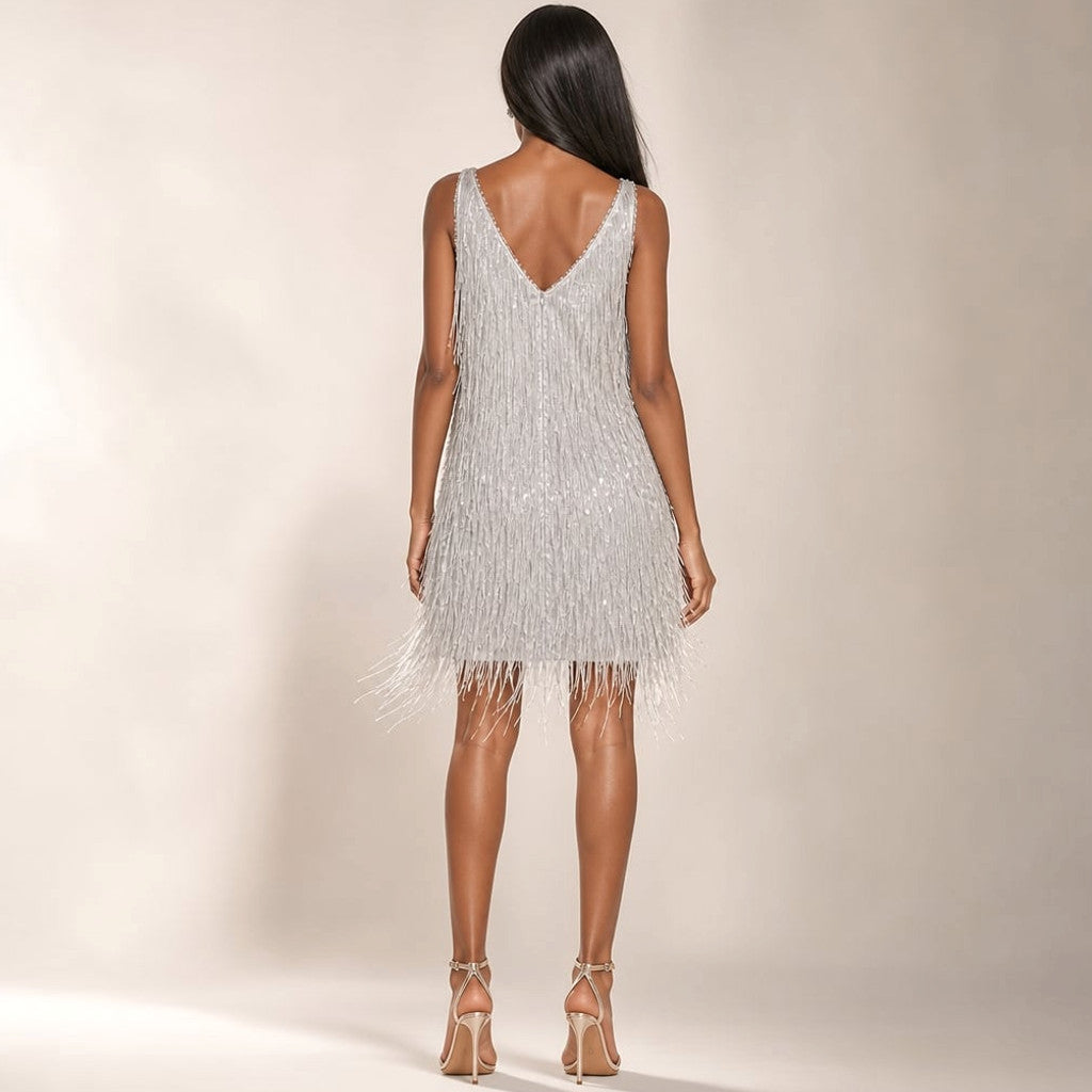 Sequin Fringe Mini Dress V-Neck Tiered Cocktail – Molieri