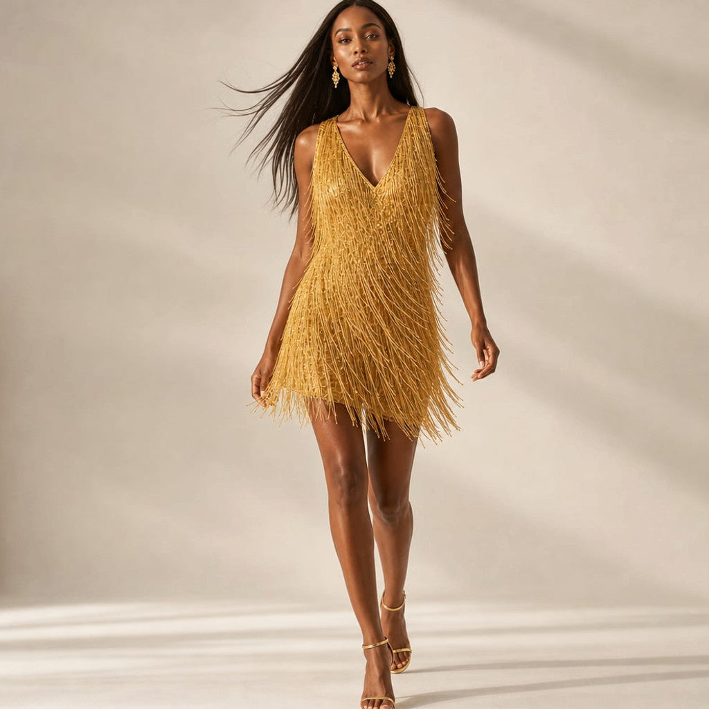 Sequin Fringe Mini Dress V-Neck Tiered Cocktail in Gold – Molieri