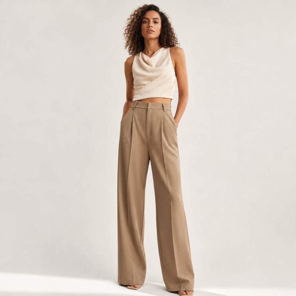 Teva wide-leg suit trouser in camel — high waist, structured woven fabric, full-length sweep