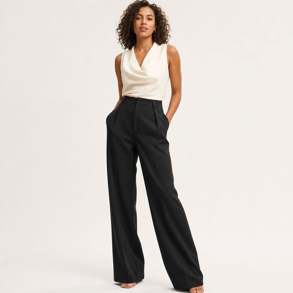 Wide-Leg Suit Trouser High Waist Tailored Summer Fabric in Black – Molieri