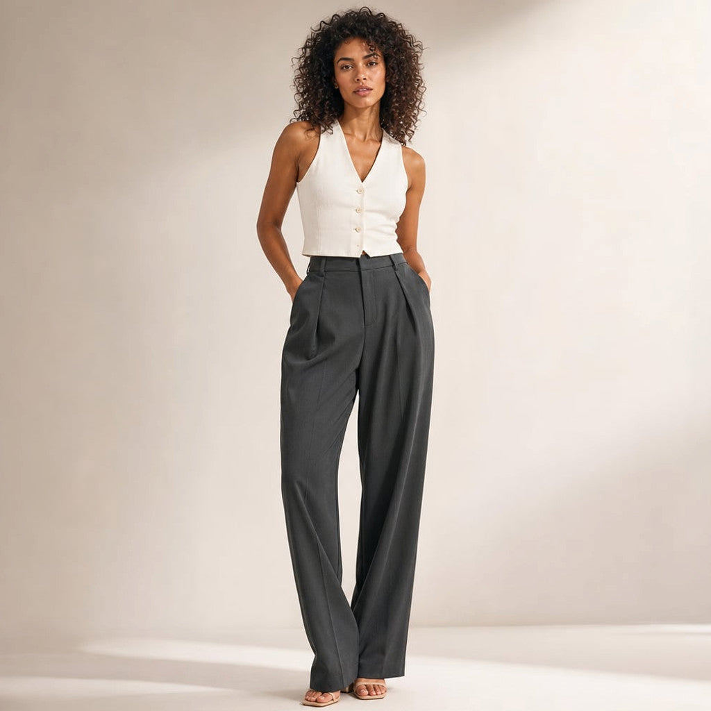 Wide-Leg Suit Trouser High Waist Tailored Summer Fabric in Dark Grey – Molieri