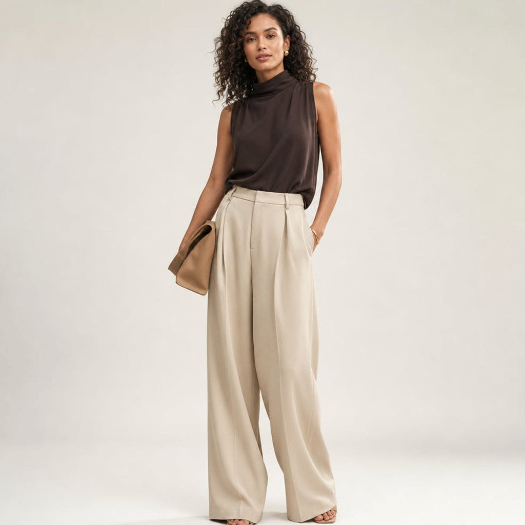Wide-Leg Suit Trouser High Waist Tailored Summer Fabric in Beige – Molieri