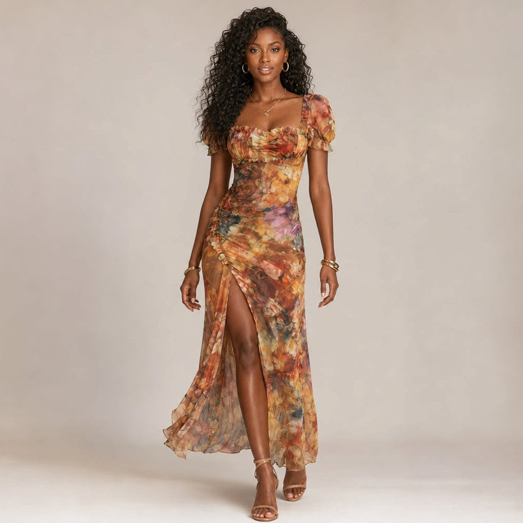 Ruva knit midi dress in multicolour print with ruffled sleeves, ruched waist and front slit, worn full length on a model