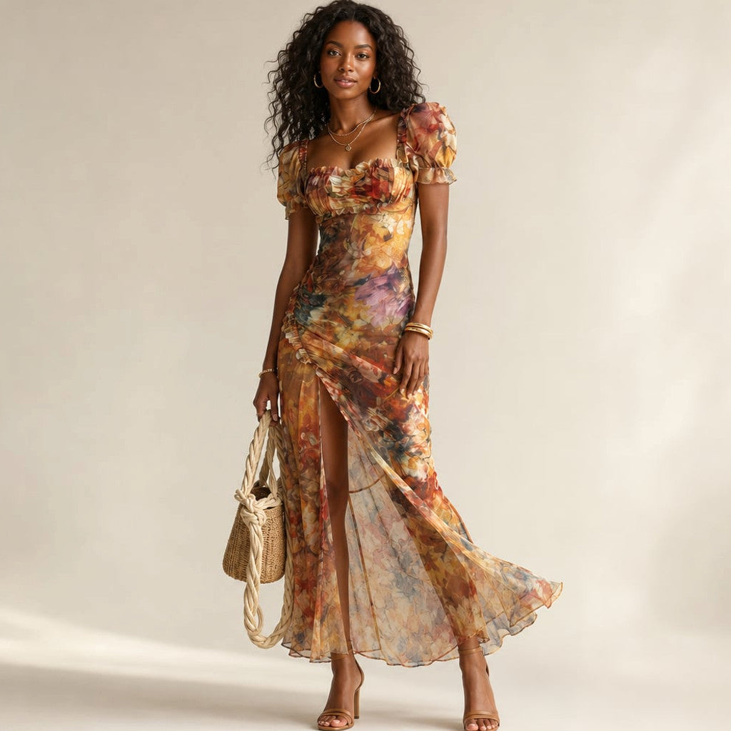 Model wearing the Ruva ruched knit midi dress with ruffled sleeves and multicolour print, front slit visible at hem