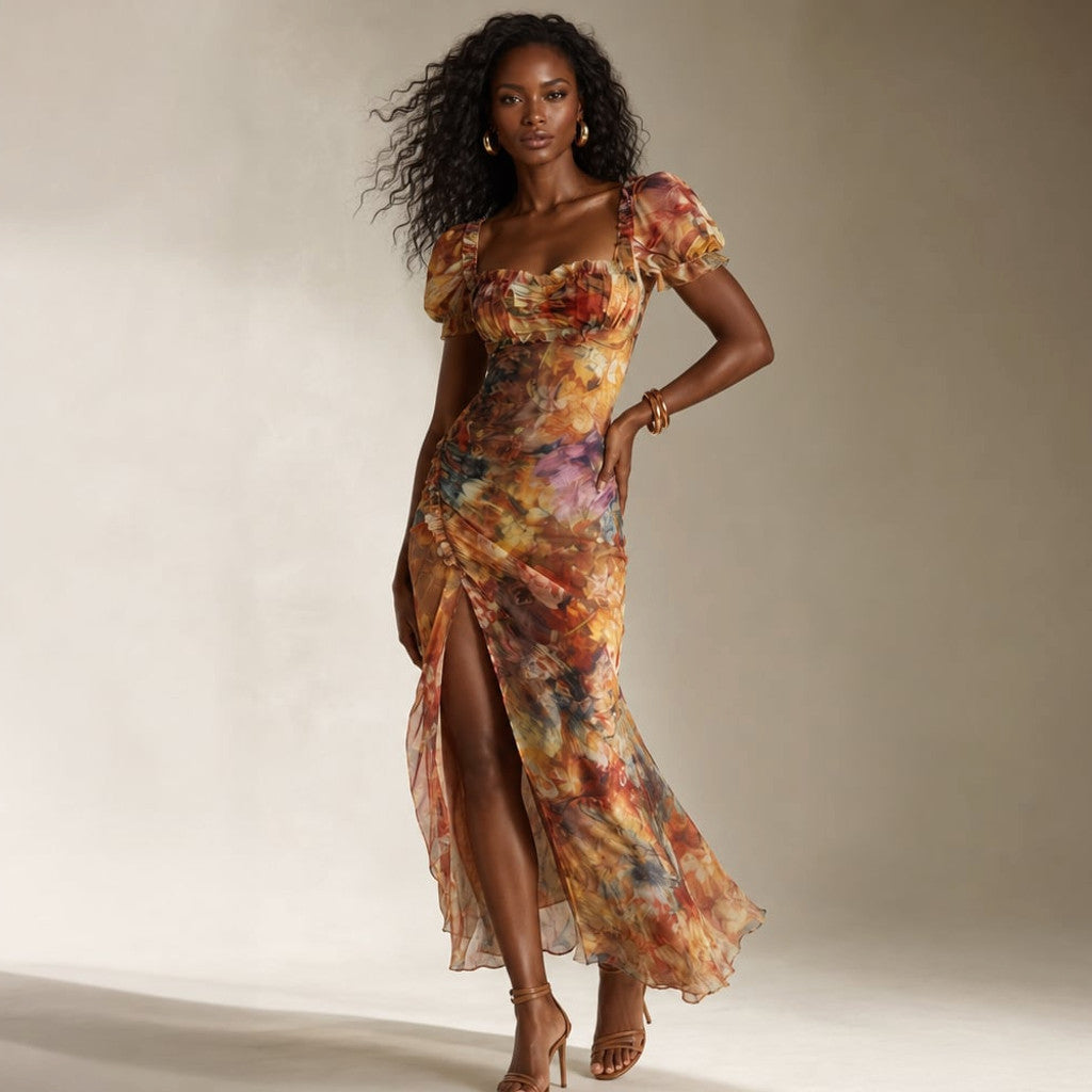 Knit Midi Dress Ruffled Sleeves Ruched Waist Front Slit Multicolor – Molieri