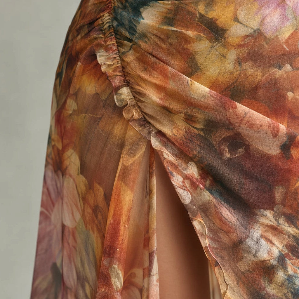 Knit Midi Dress Ruffled Sleeves Ruched Waist Front Slit Multicolor – Molieri