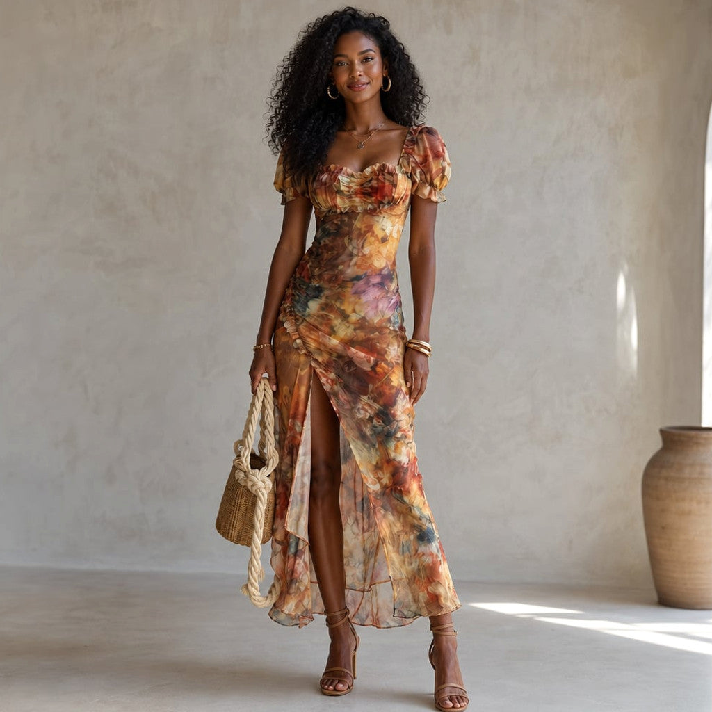 Knit Midi Dress Ruffled Sleeves Ruched Waist Front Slit Multicolor – Molieri