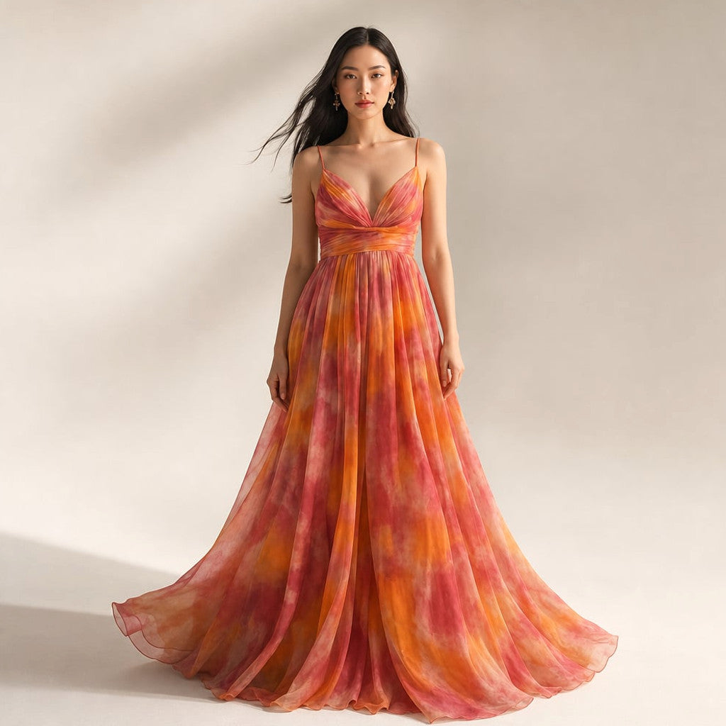 Front view of Kraendov abstract-print maxi dress in orange with V-neckline, thin straps and full floor-length skirt
