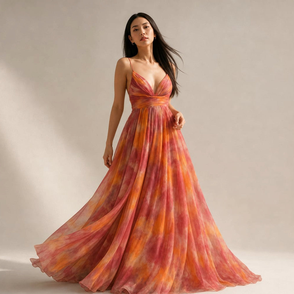 Model wearing Kraendov orange abstract-print maxi dress, showing fitted bodice and flowy skirt in motion