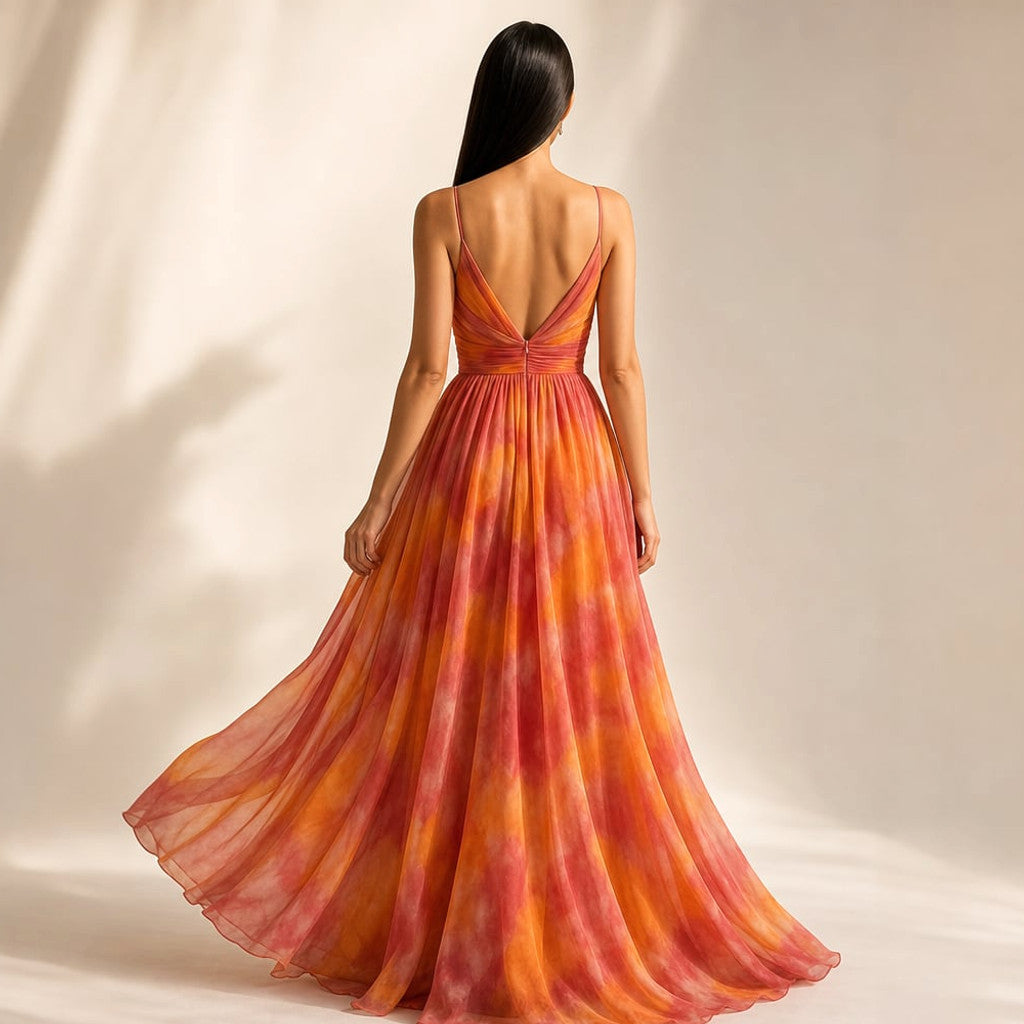 Maxi Dress Abstract Print V-Neck Flowy Thin Straps – Molieri