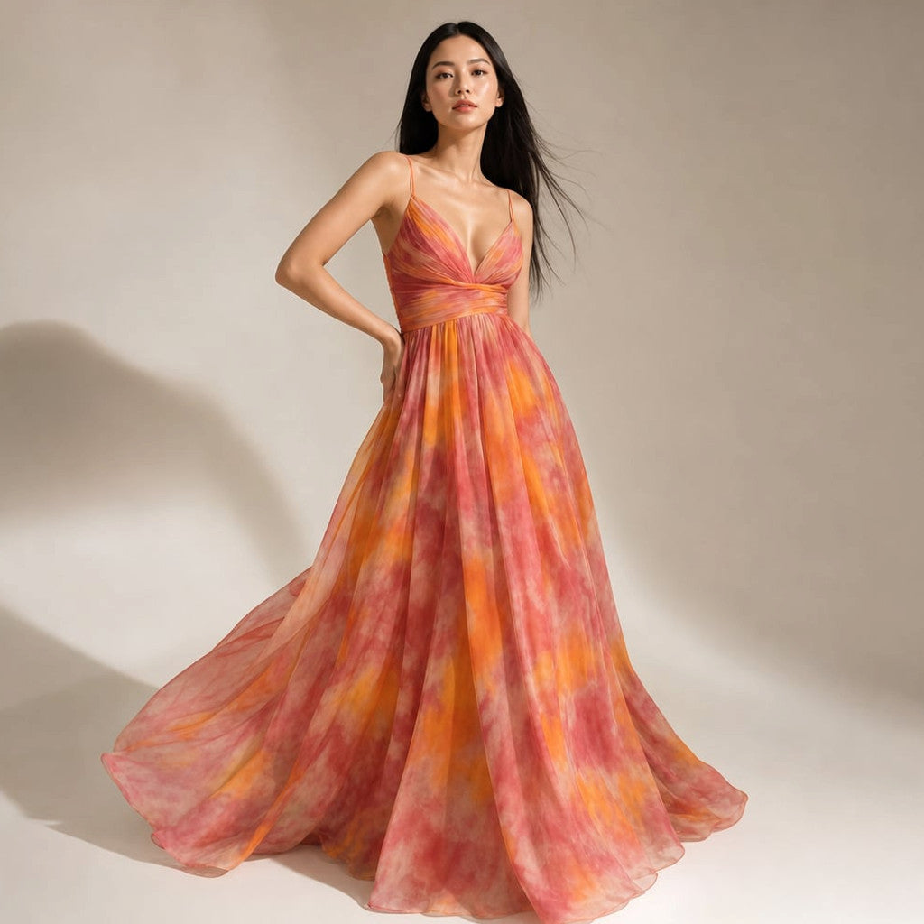 Maxi Dress Abstract Print V-Neck Flowy Thin Straps – Molieri