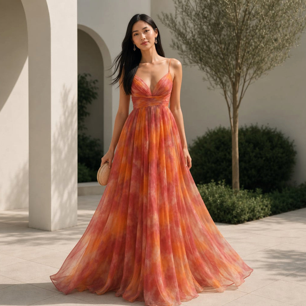Maxi Dress Abstract Print V-Neck Flowy Thin Straps – Molieri