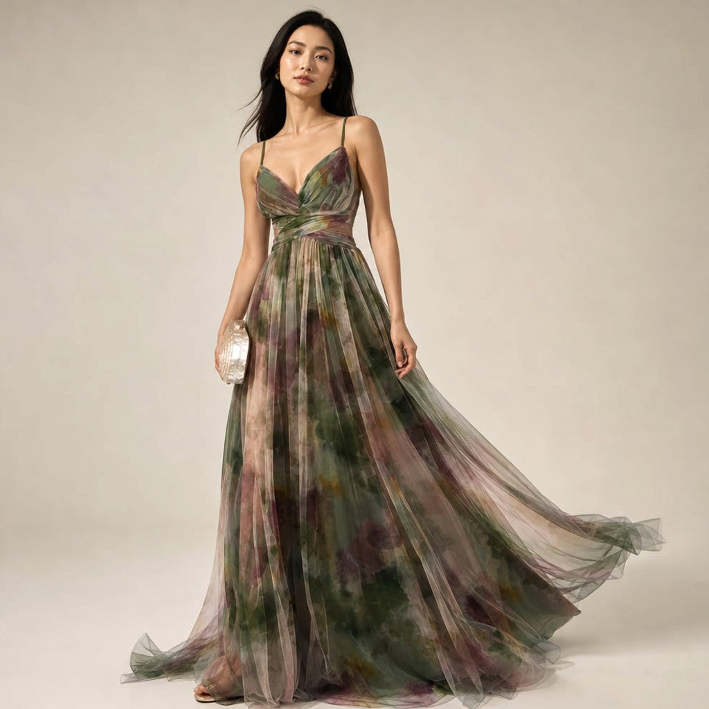 Maxi Dress Abstract Print V-Neck Flowy Thin Straps in Green – Molieri
