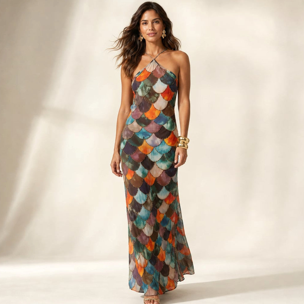 Full-length view of the Fiadar maxi dress showing the all-over geometric scale print running from shoulder to floor hem.
