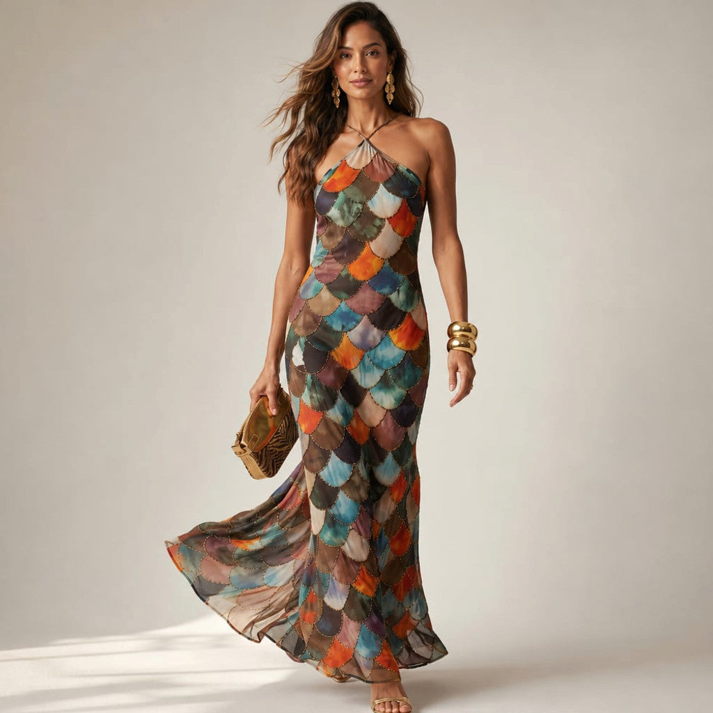 Model wearing the Fiadar body-skimming maxi dress with geometric scale print, photographed from the front at floor length.
