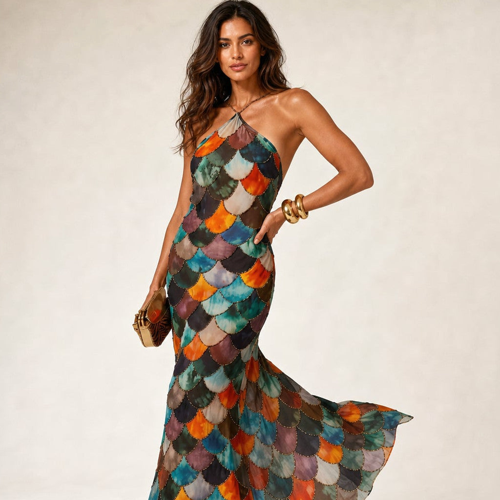 Maxi Dress Scale Print Geometric Body-Skimming Summer – Molieri