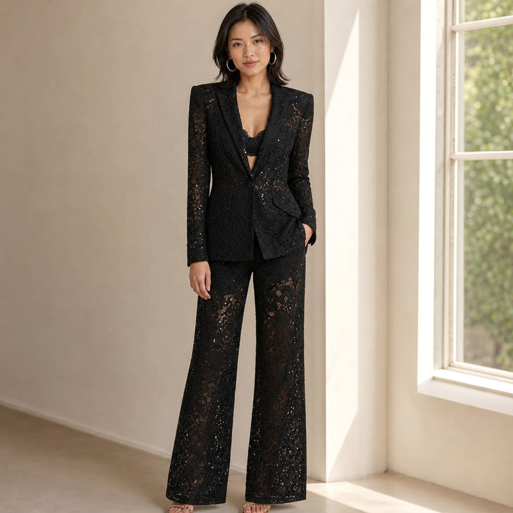 Two-Piece Lace Set Peplum Blazer Wide-Leg Trousers – Molieri