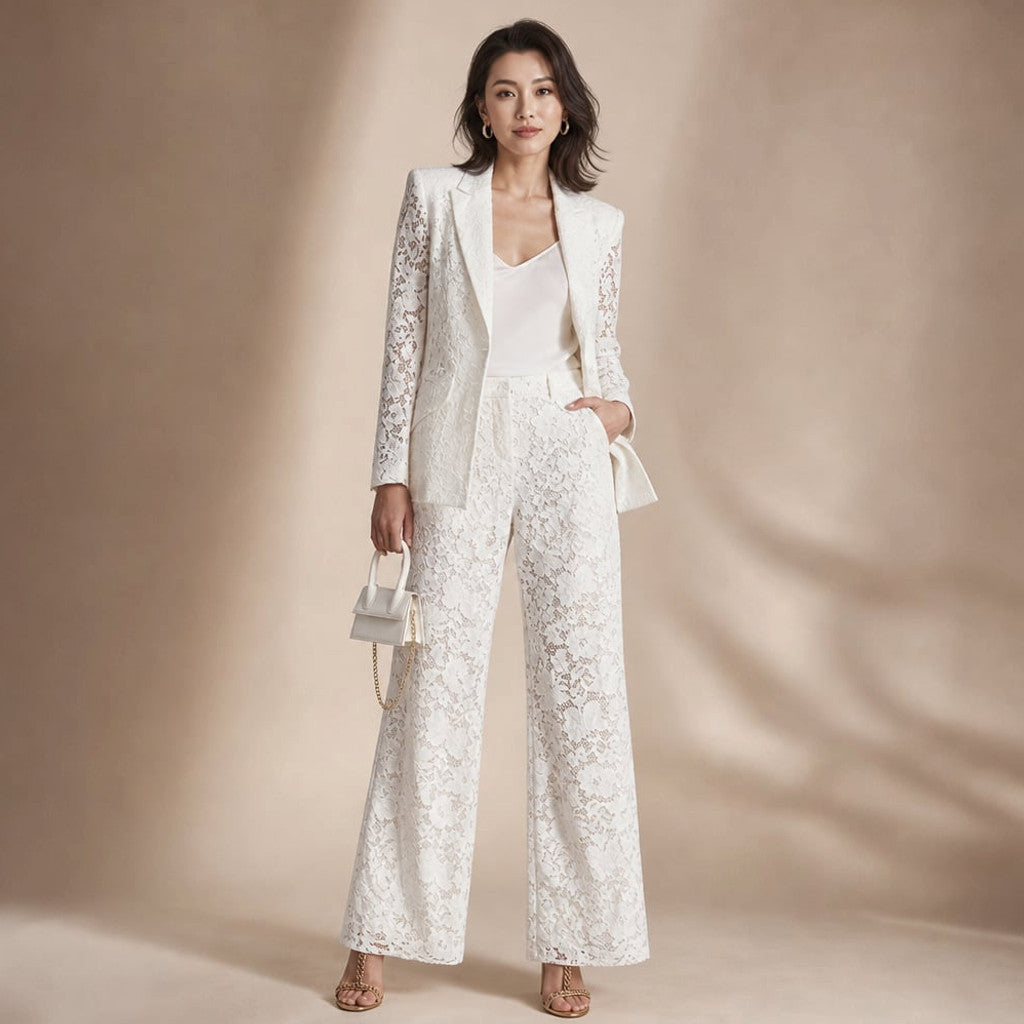 Two-Piece Lace Set Peplum Blazer Wide-Leg Trousers in White – Molieri