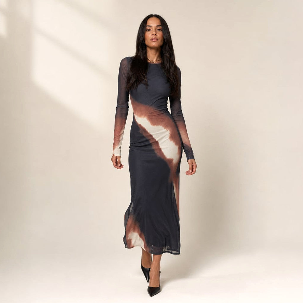 Kova ribbed knit midi dress in Mars, full-length view showing high stand collar, long sleeves and front leg split