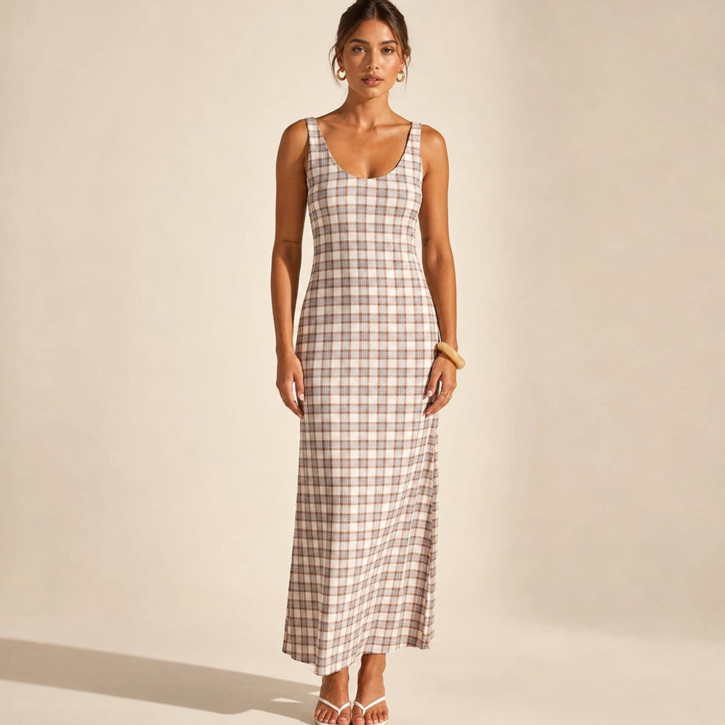 Sleeveless maxi dress in neutral woven check with sheer overlay, scoop neckline and fixed straps, full-length front view