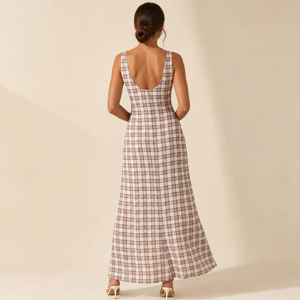 Maxi Dress Neutral Check Sheer Overlay Sleeveless – Molieri