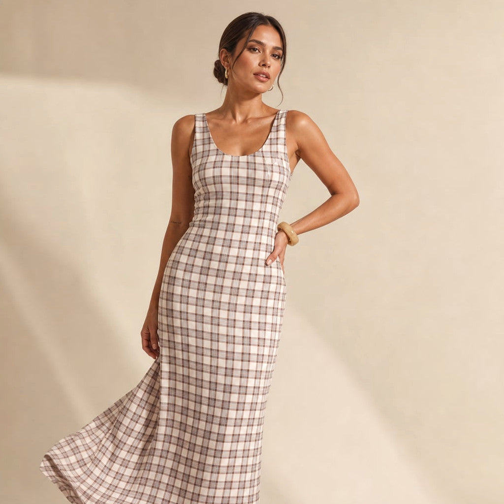 Maxi Dress Neutral Check Sheer Overlay Sleeveless – Molieri