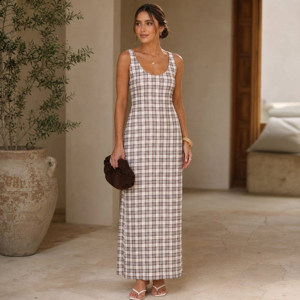 Maxi Dress Neutral Check Sheer Overlay Sleeveless – Molieri