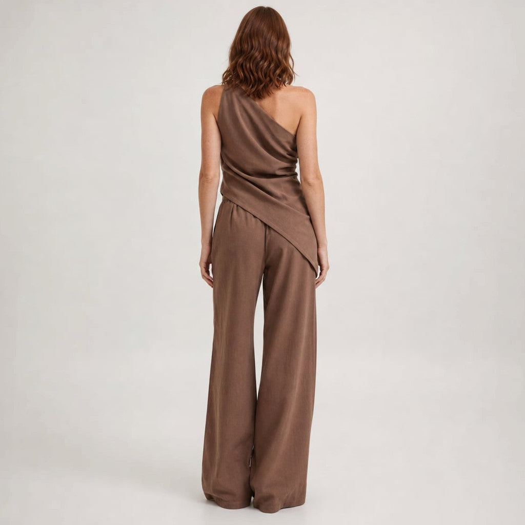 Off-Shoulder Co-ord Set Wide-Leg Cotton Trousers Chocolate – Molieri